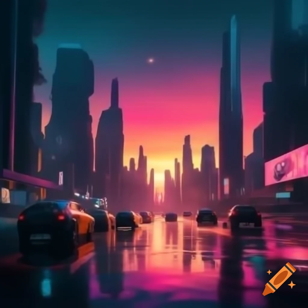 Futuristic city at sunset with neon lights and flying cars on Craiyon