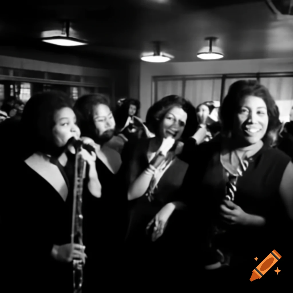 Four black women performing in a jazz club with a live band