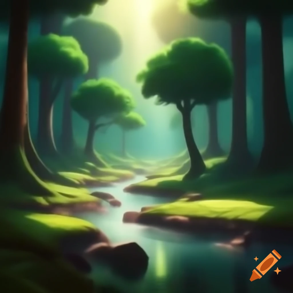 Serene landscape with river flowing through lush forest and tall green ...