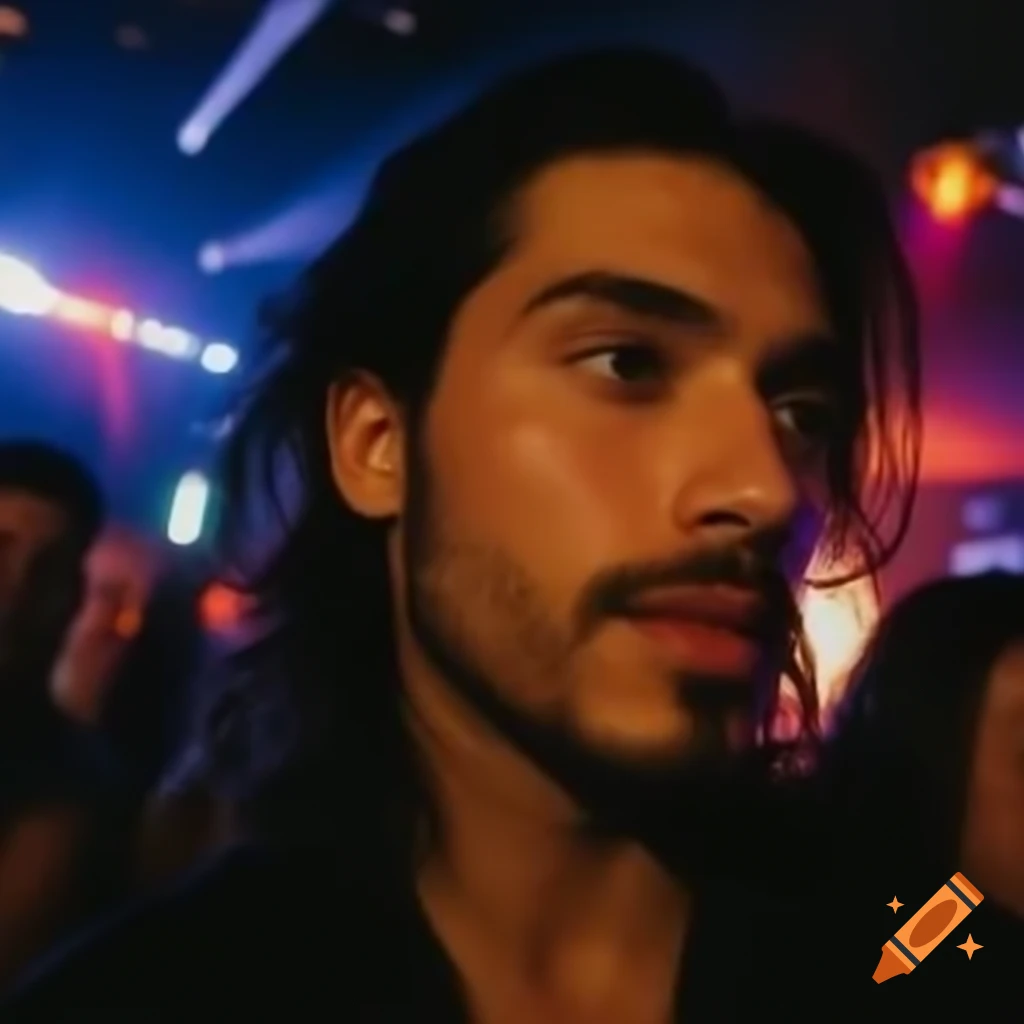 Hispanic male with light beard in vibrant nightclub interior with dance lights