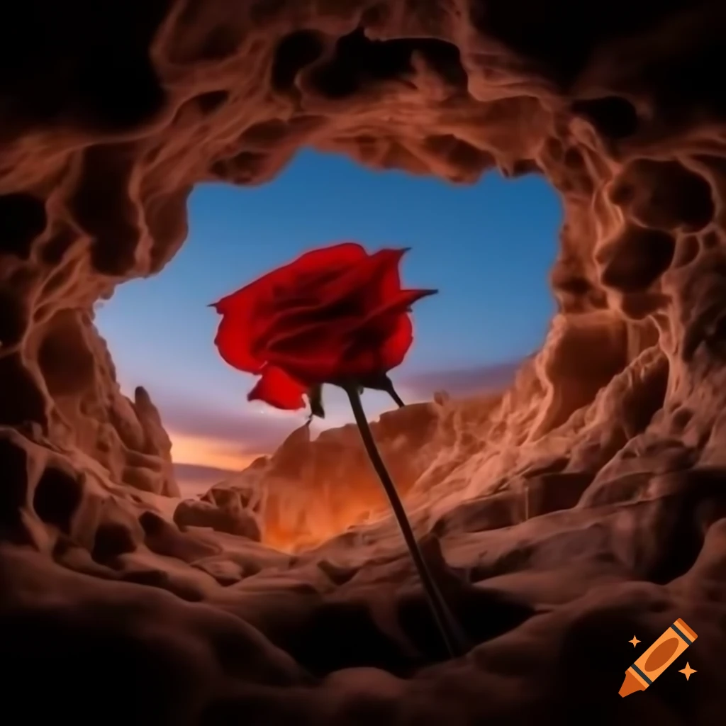 Rose growing upward from darkness in Hara Cave