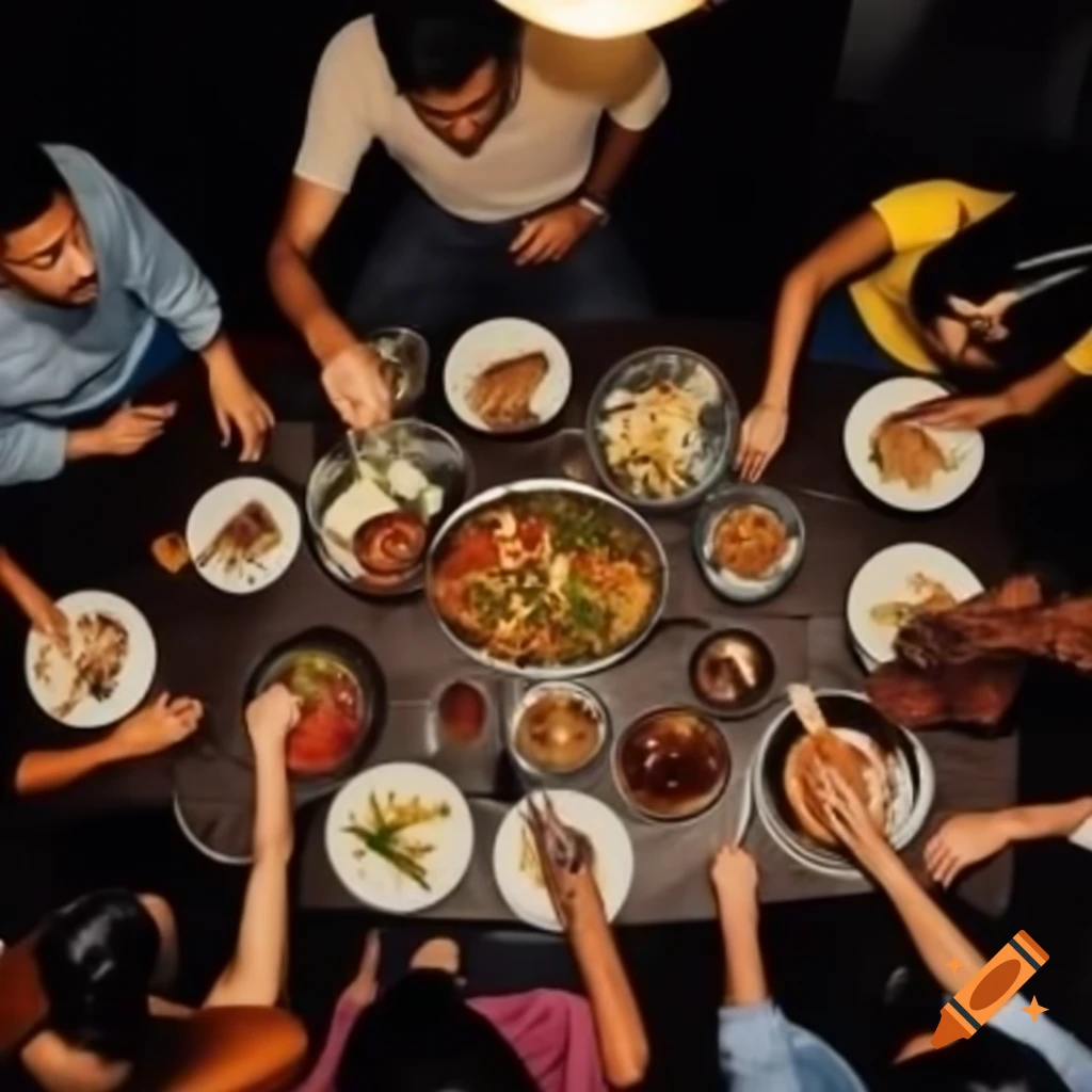 Five friends enjoying hearty meal at Tuyagum restaurant with large metal dishes