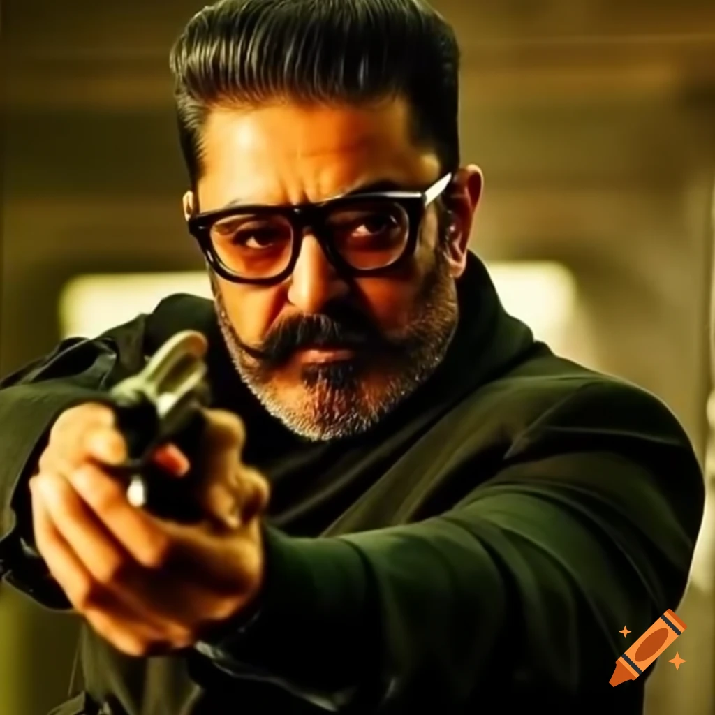 Veteran actor kamal haasan gripping a pistol in action movie scene on ...