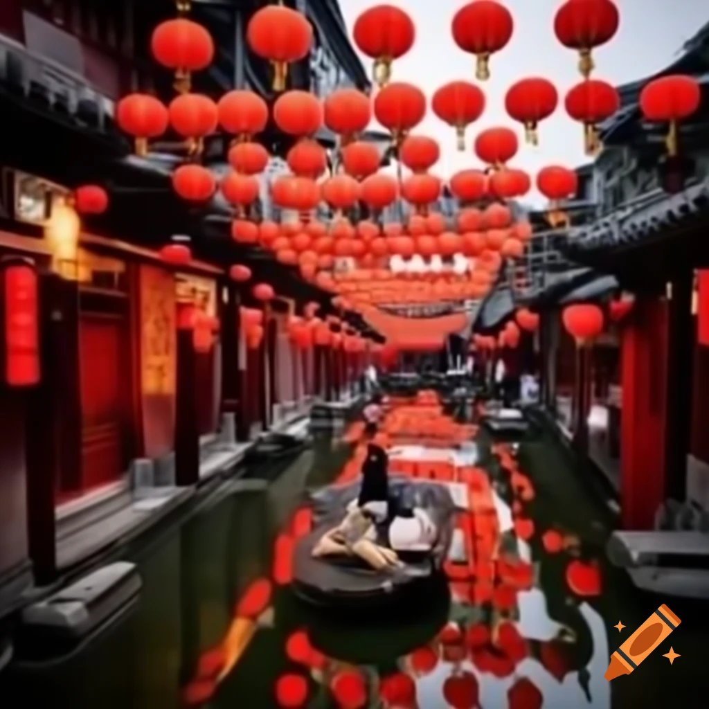 Chinese New Year celebration in city with vibrant decorations and festivities