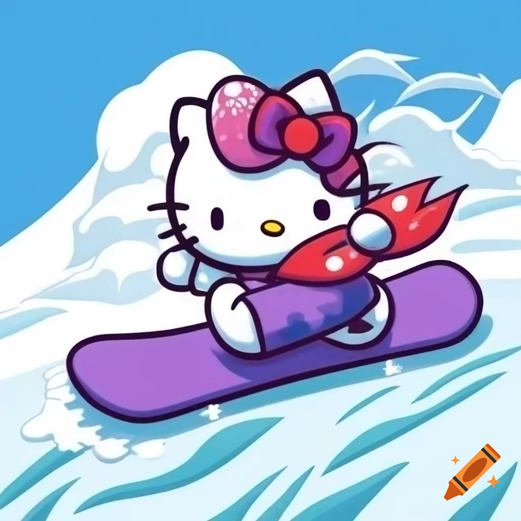 Anime style Japanese character on purple snowboard shredding down slope with snow spray