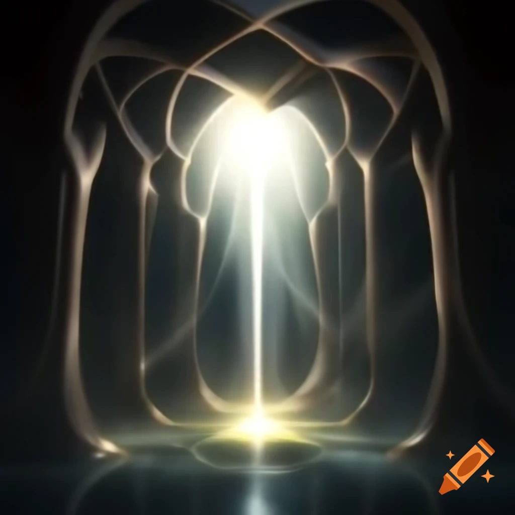 Five radiant streams of light flowing down from an invisible chalice with delicate lines
