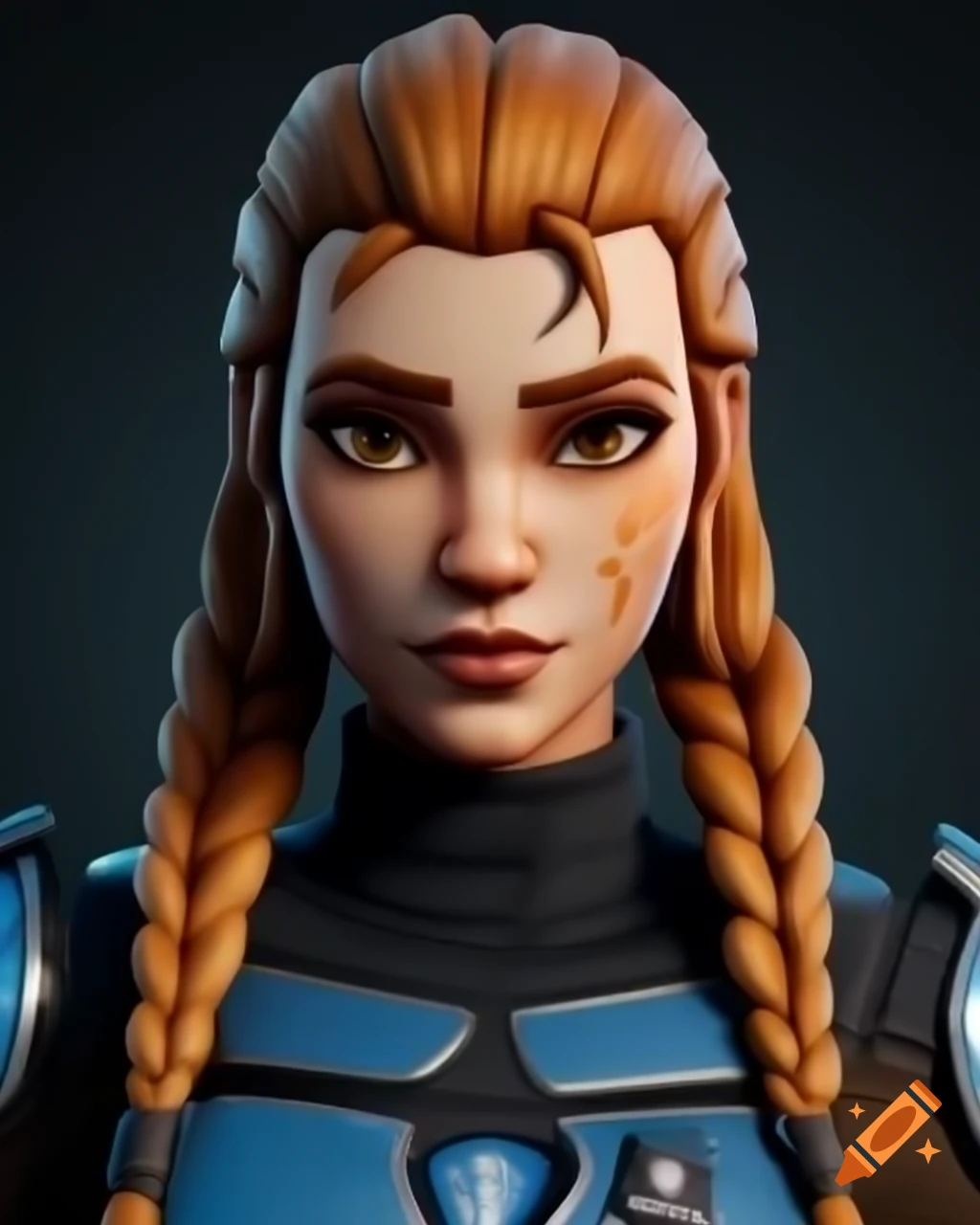 Young woman in Bo-Katan Mandalorian armor with braided ginger hair and freckled skin