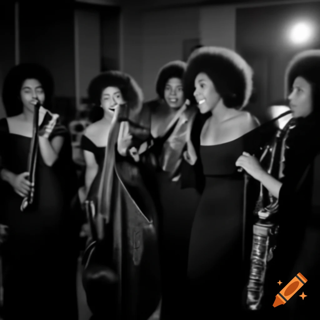 Four black women performing in a jazz club with a live band