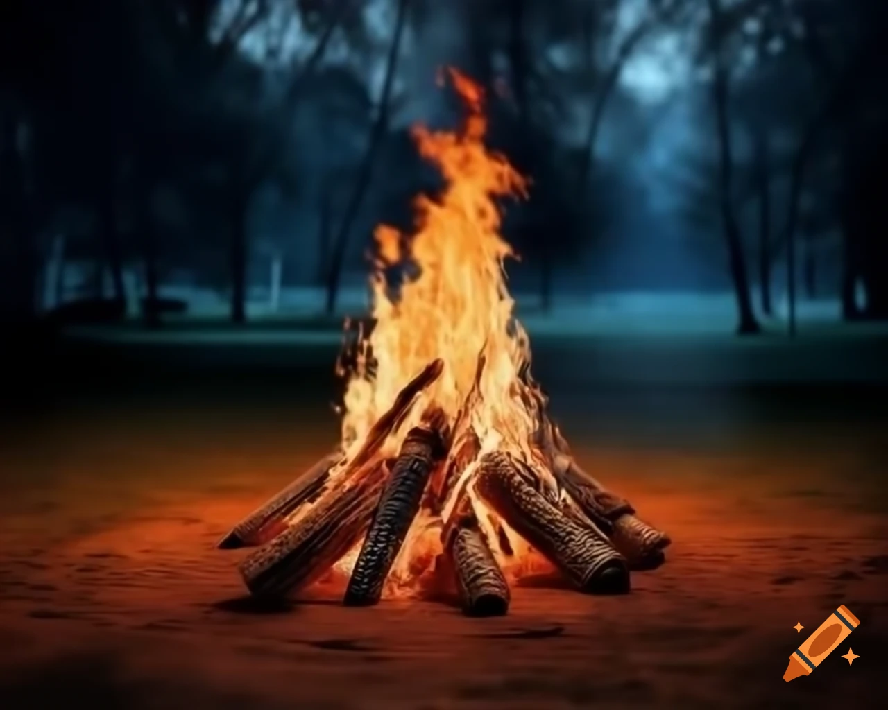 Gloomy park scene with distant bonfire and forest background, 90's realistic style