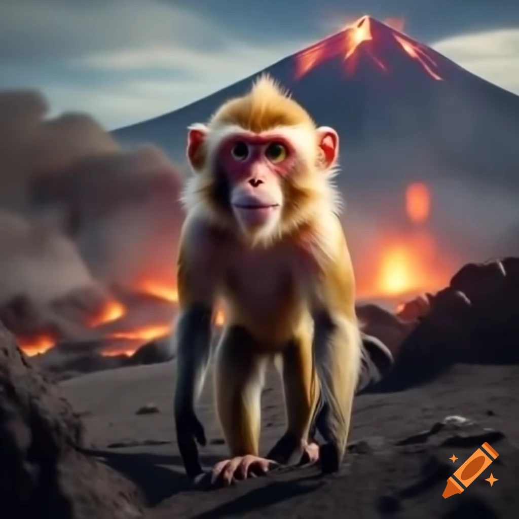 Monkey walking near erupting volcano