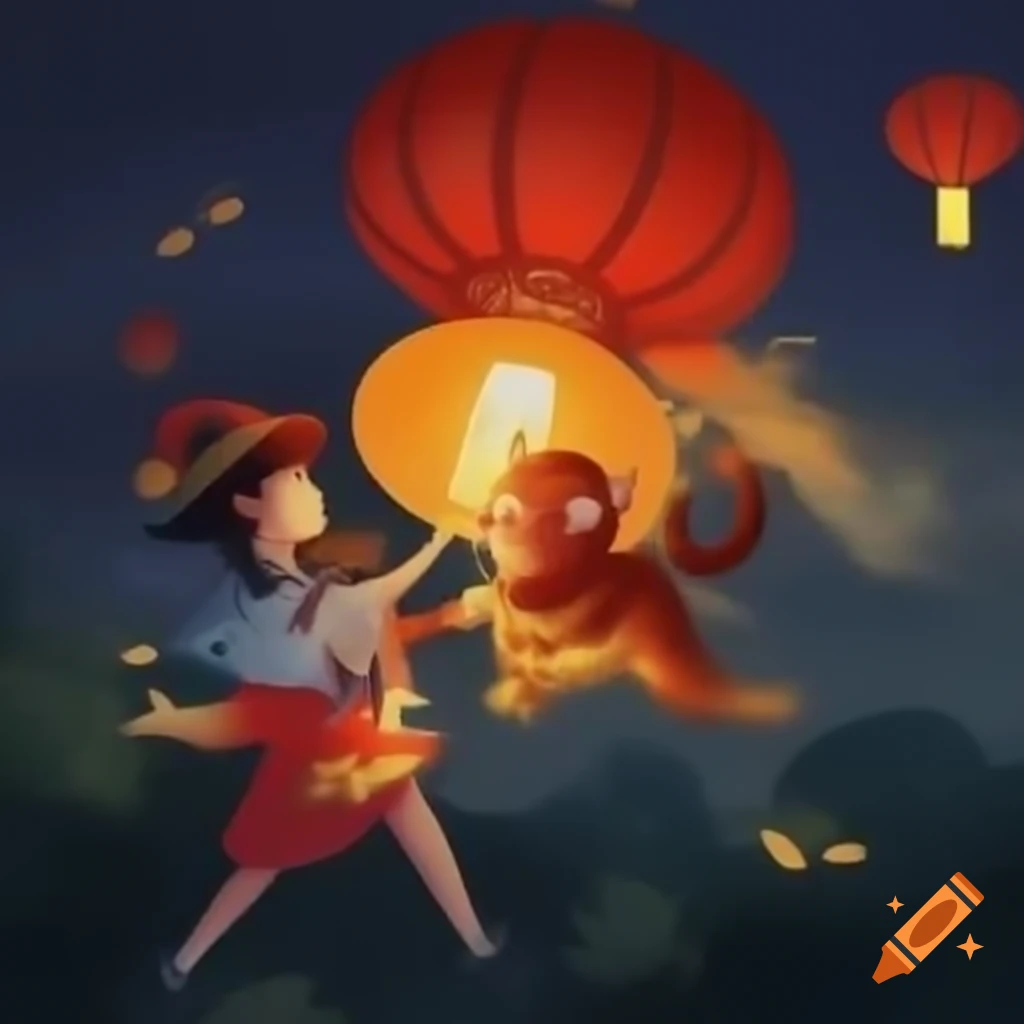 Dynamic brushstrokes illustrating Taiwanese Kongming lantern flight