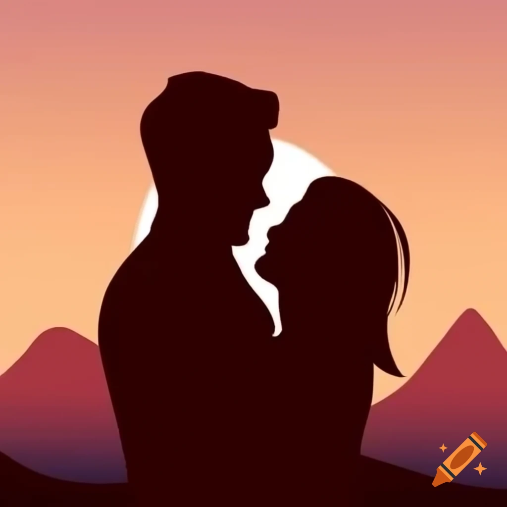 Silhouetted couple embracing at sunset