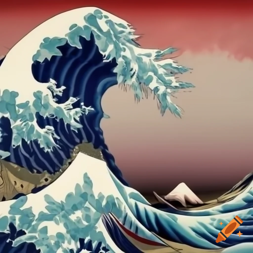 Waves in Great Wave of Kanagawa style with cherry blossoms and samurai masks
