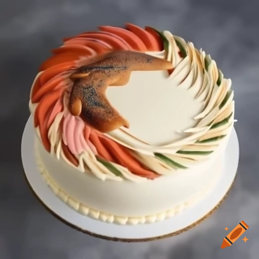 Mousse cake decorated with vibrant Russian Firebird design in cream and frosting