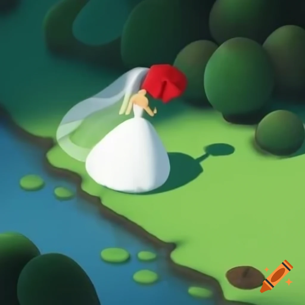Bride on green grass by river bank holding red rose umbrella