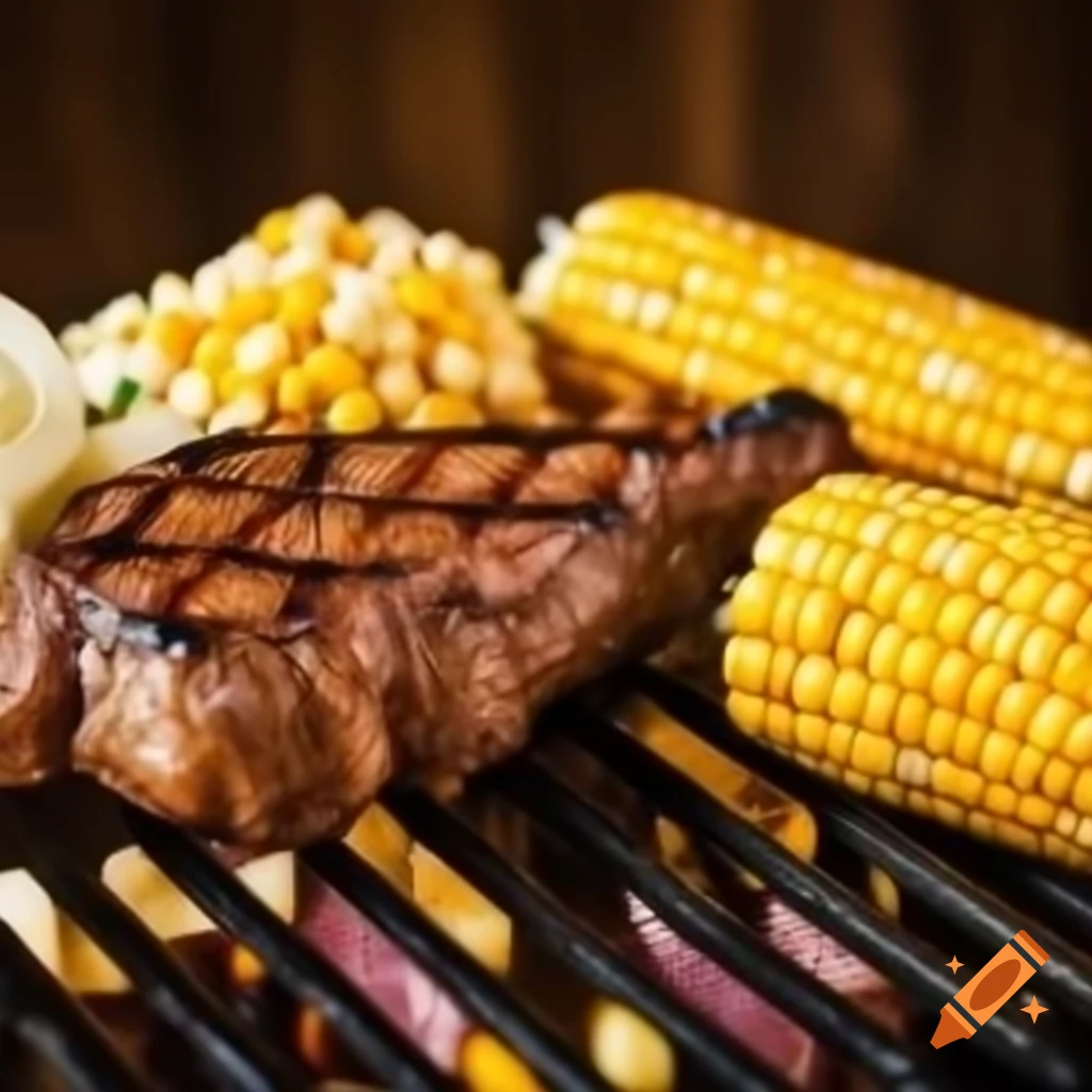 Grilled meat and corn on a barbecue grill