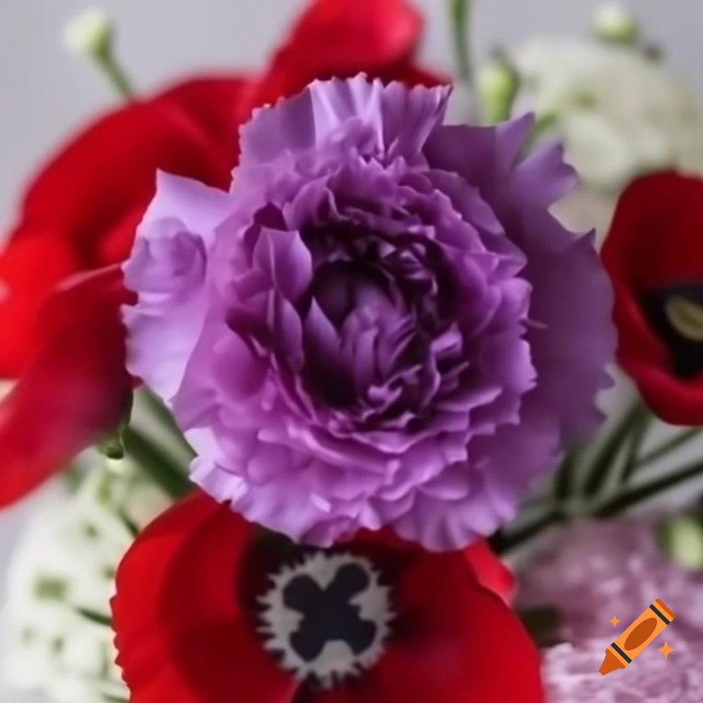 Purple carnation and red poppy wedding bouquets