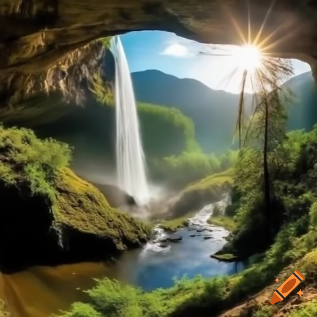 Sunny waterfalls cascading into a serene pool