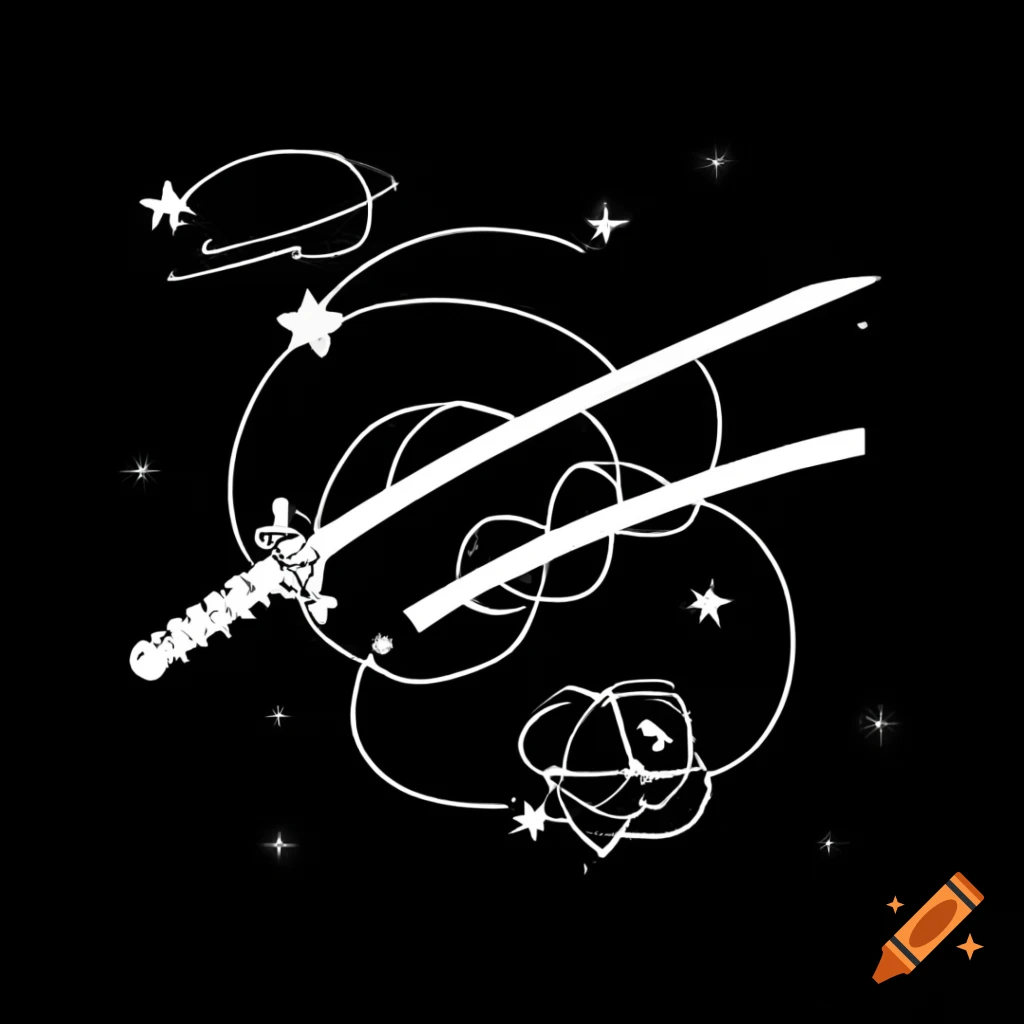 Abstract katana dissolving into galaxy with crow silhouette, Japanese minimalism