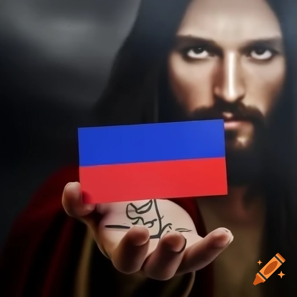 Artistic depiction of Jesus holding Russian flag with 'GOYDA' text ...