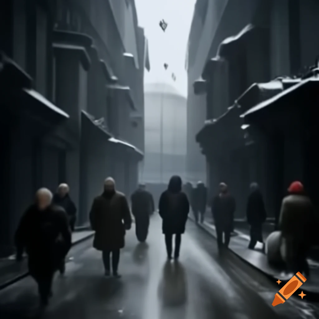 Dark city streets with distressed citizens, focusing on troubled man walking