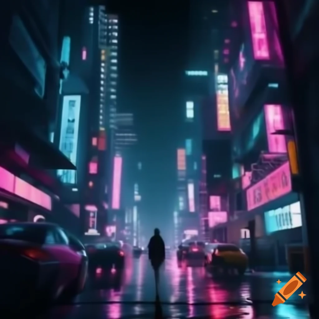 Neon-lit cyberpunk city at night with glowing lights and futuristic skyline