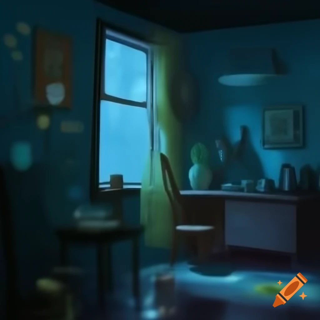 Cozy dimly lit room with vintage decor and rainy street view at night
