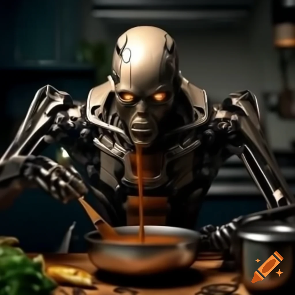 Cyborg making soup in a kitchen