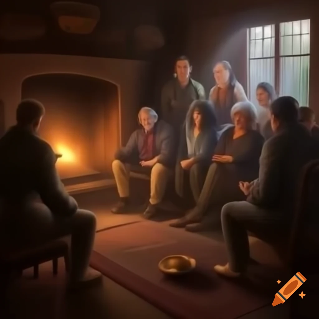 Large group of people gathered near indoor fireplace