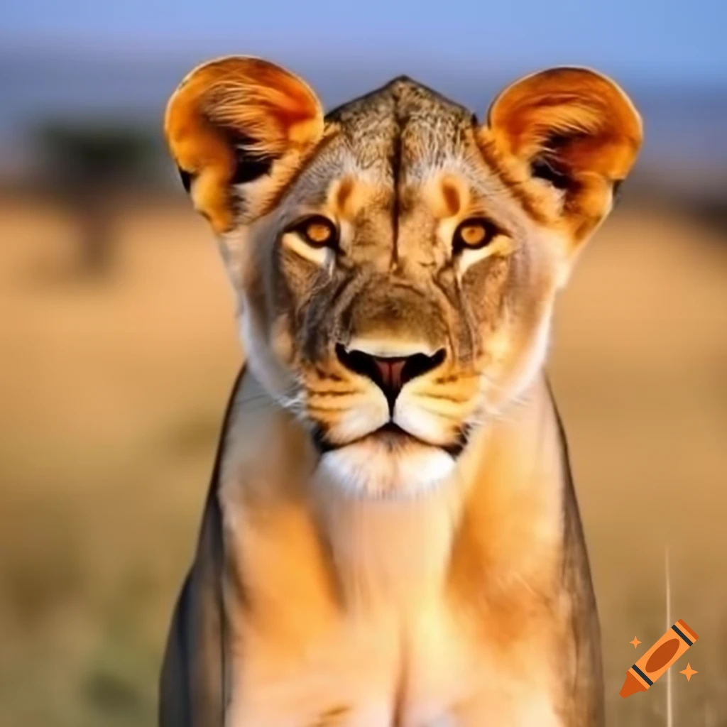 Lioness with golden crown in African savannah setting