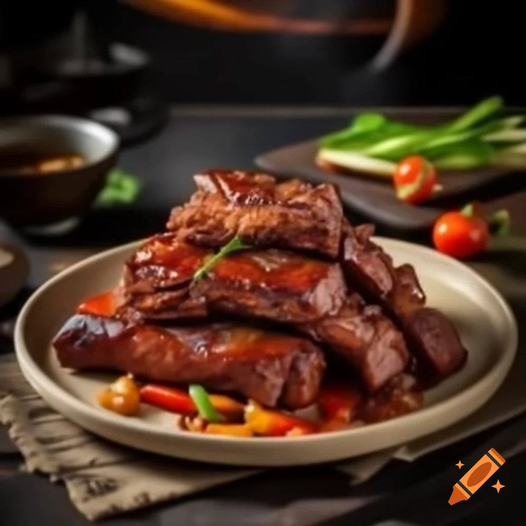 Stacked BBQ ribs with grilled vegetables on beige plate