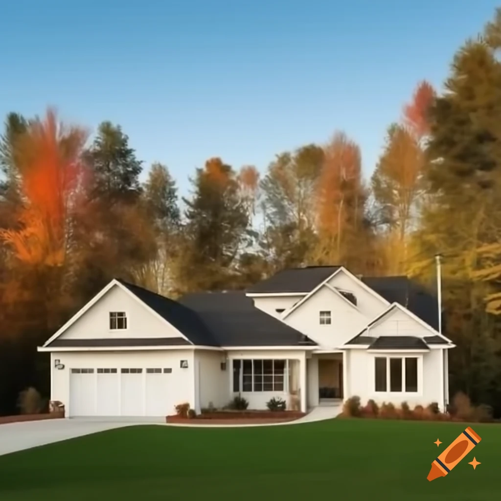 Elegant house with garage and vibrant forest in backyard on sunny afternoon