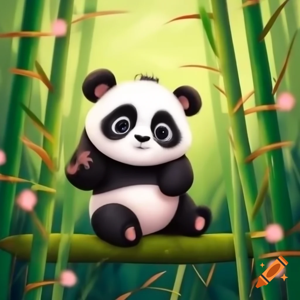 Playful baby panda in bamboo and sakura forest