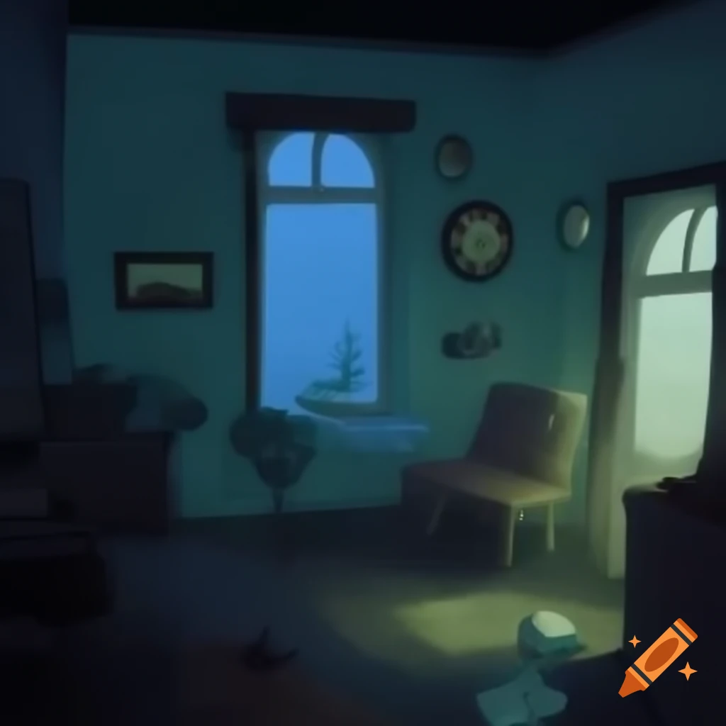 Cozy dimly lit room with vintage decor and rainy street view at night