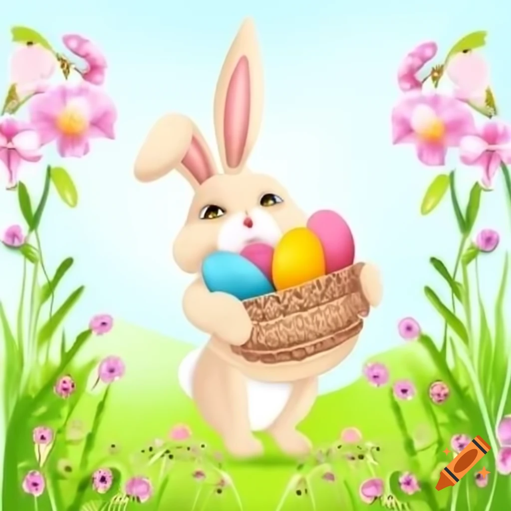 Whimsical Easter bunny with basket of colorful eggs in meadow of spring ...