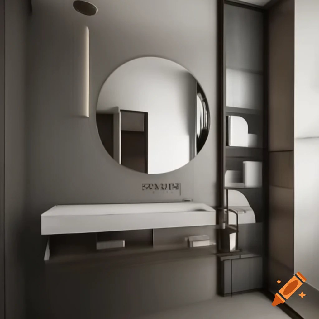 Modern residential bathroom with niches, shower box, and large mirror
