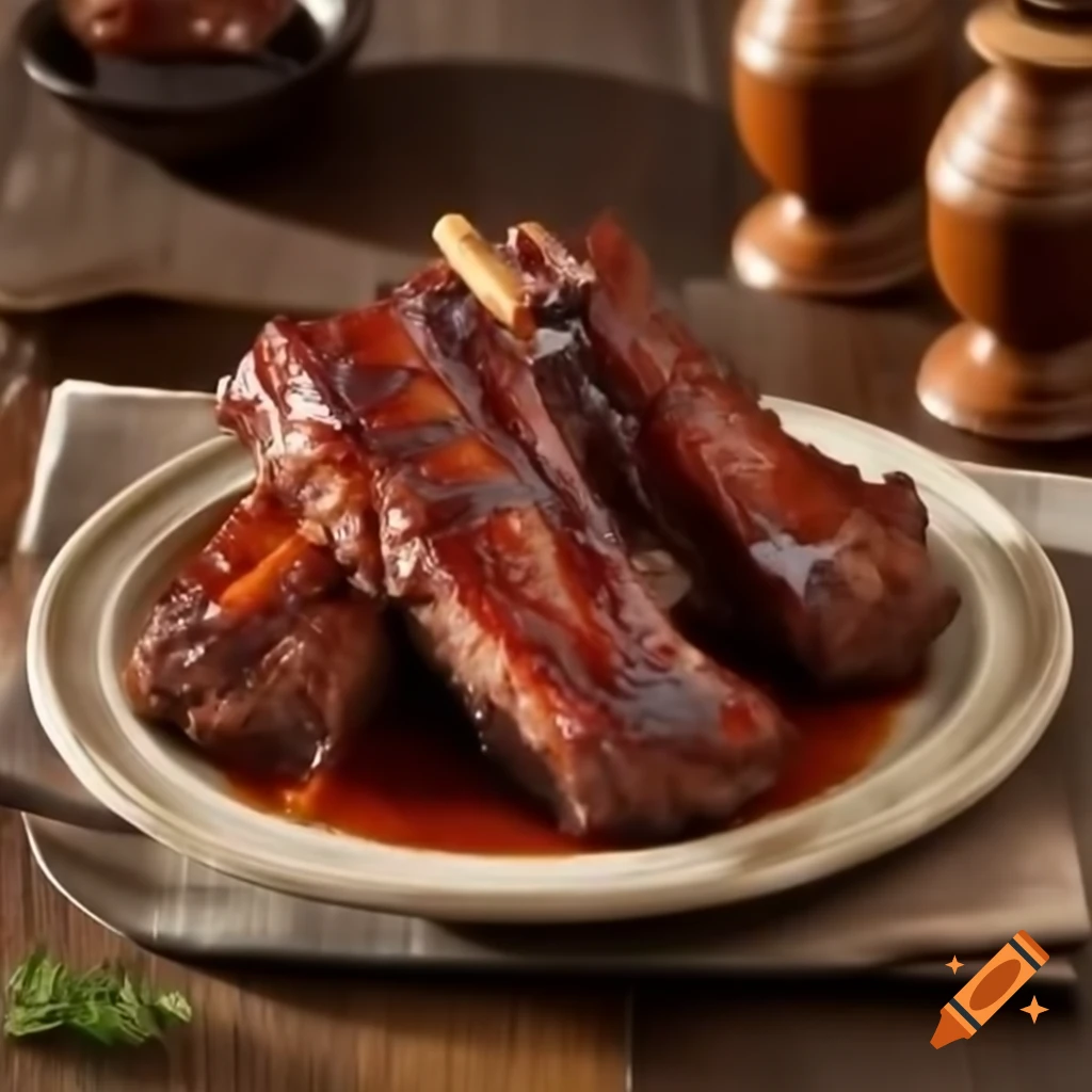 Smoked barbecue ribs on vintage cream plate