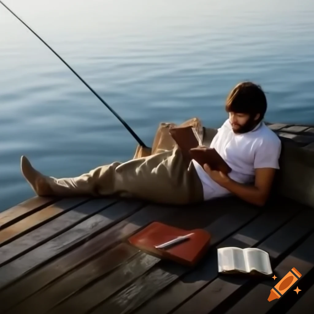 Christian angler relaxing by water while reading the Bible