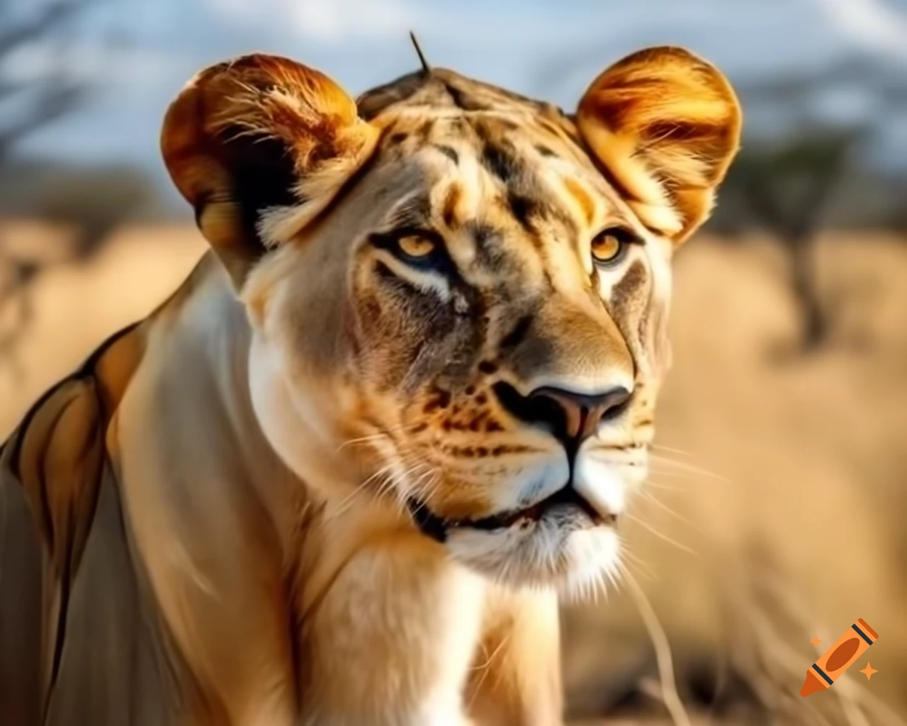 Lioness with golden crown in African savannah