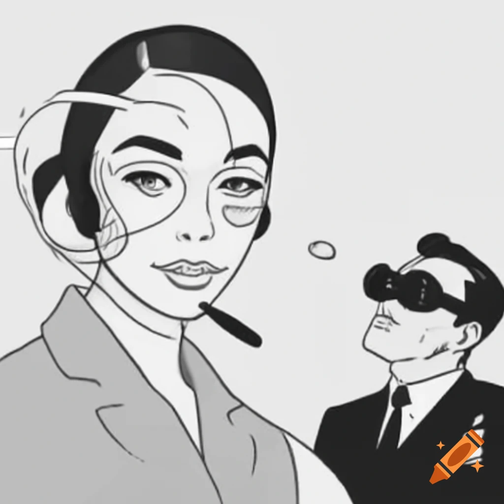 Black and white storyboard of intelligence office with woman and two men discussing