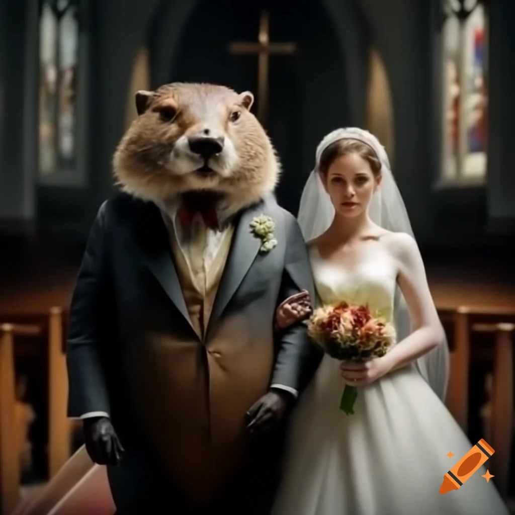 Humanoid beaver groom in suit standing with bride in church