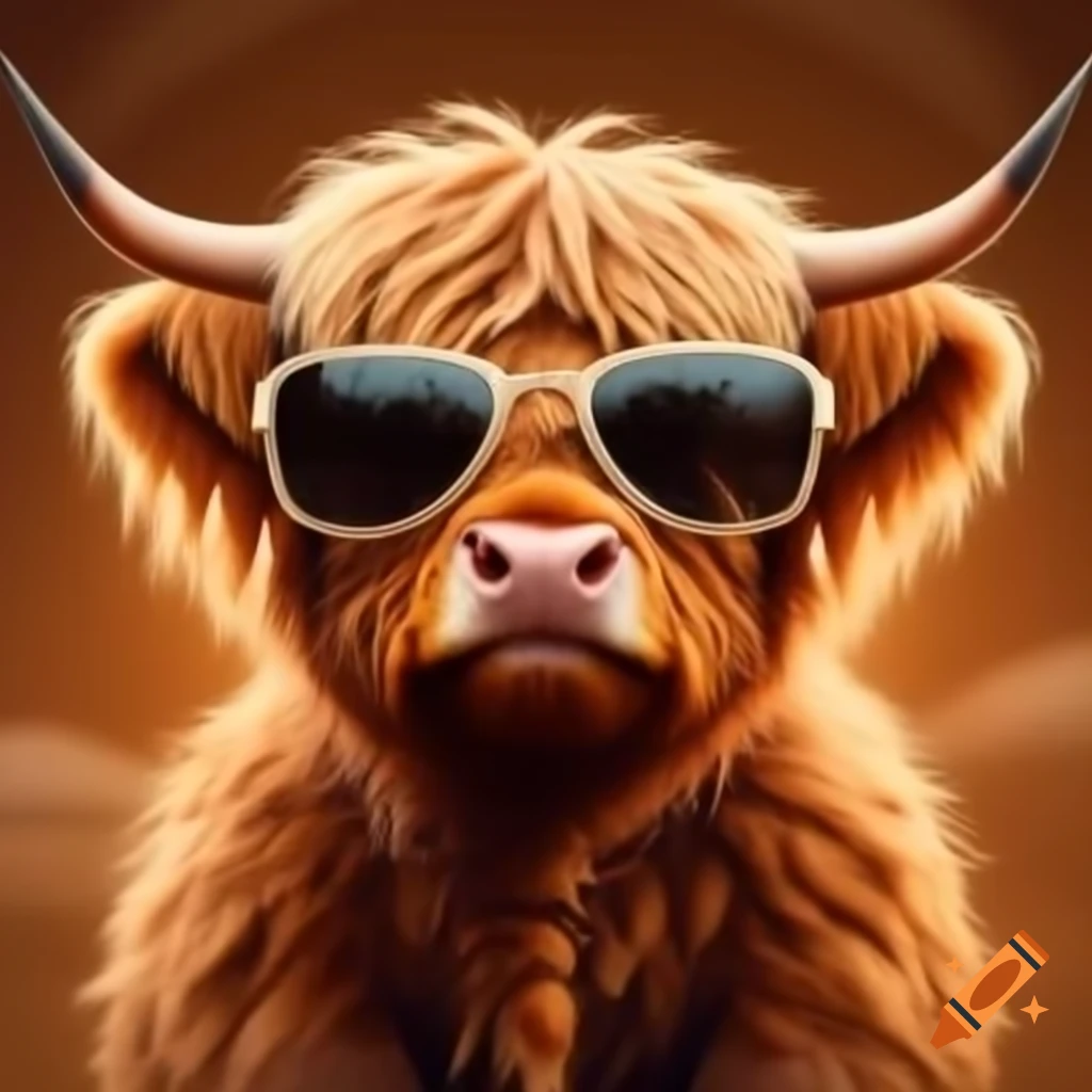 Cute highland cow wearing sunglasses
