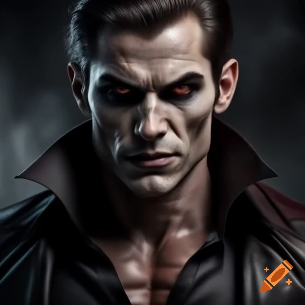 Muscular male vampire wearing a black dress shirt