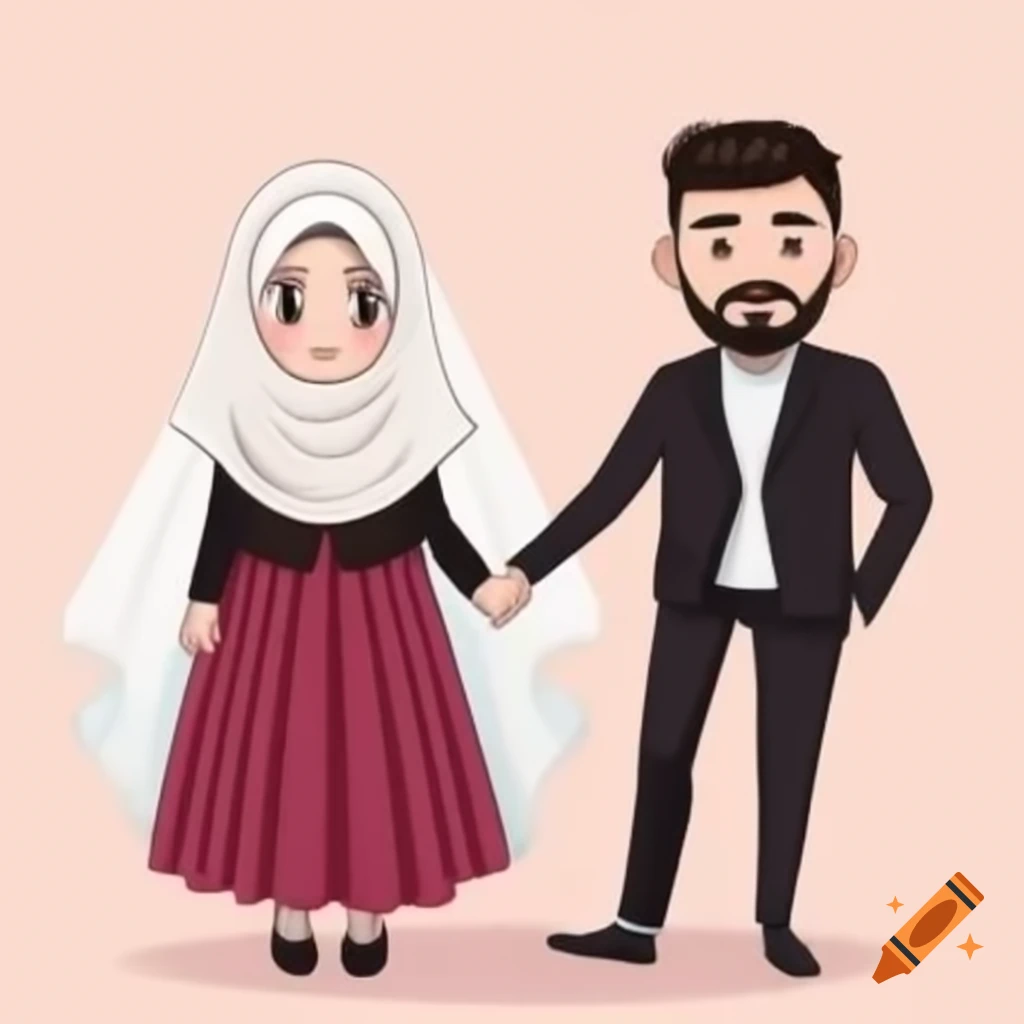 Bride to be in burgundy skirt and hijab with groom in black suit at engagement ceremony