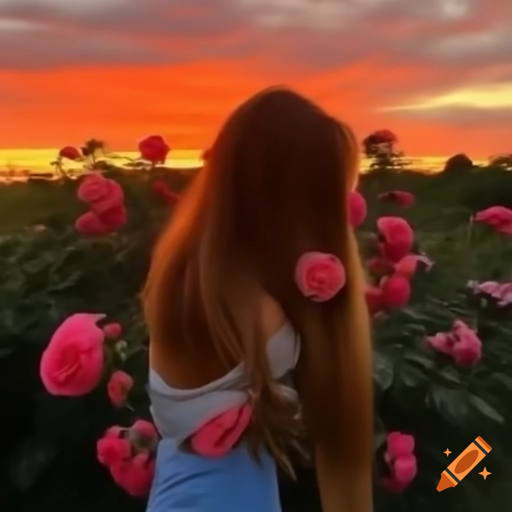 Sunset with blooming roses in the foreground