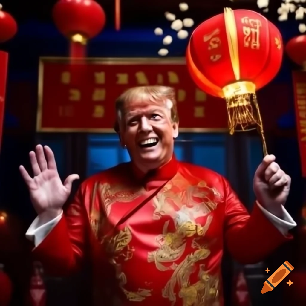 Donald Trump in red cheongsam with dragon patterns celebrating Chinese New Year with lantern and fireworks