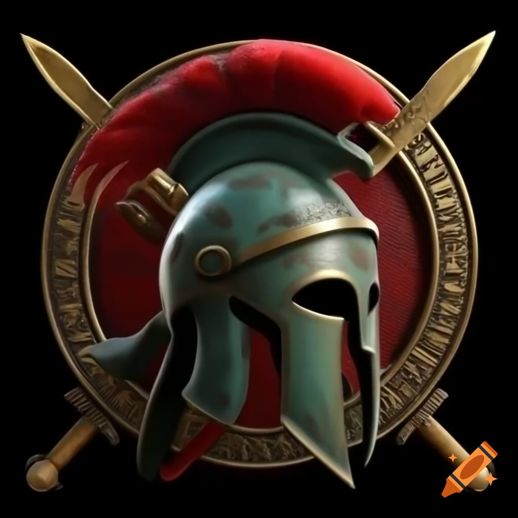 Bronze Greek warrior helmet with red etchings and swords, golden background