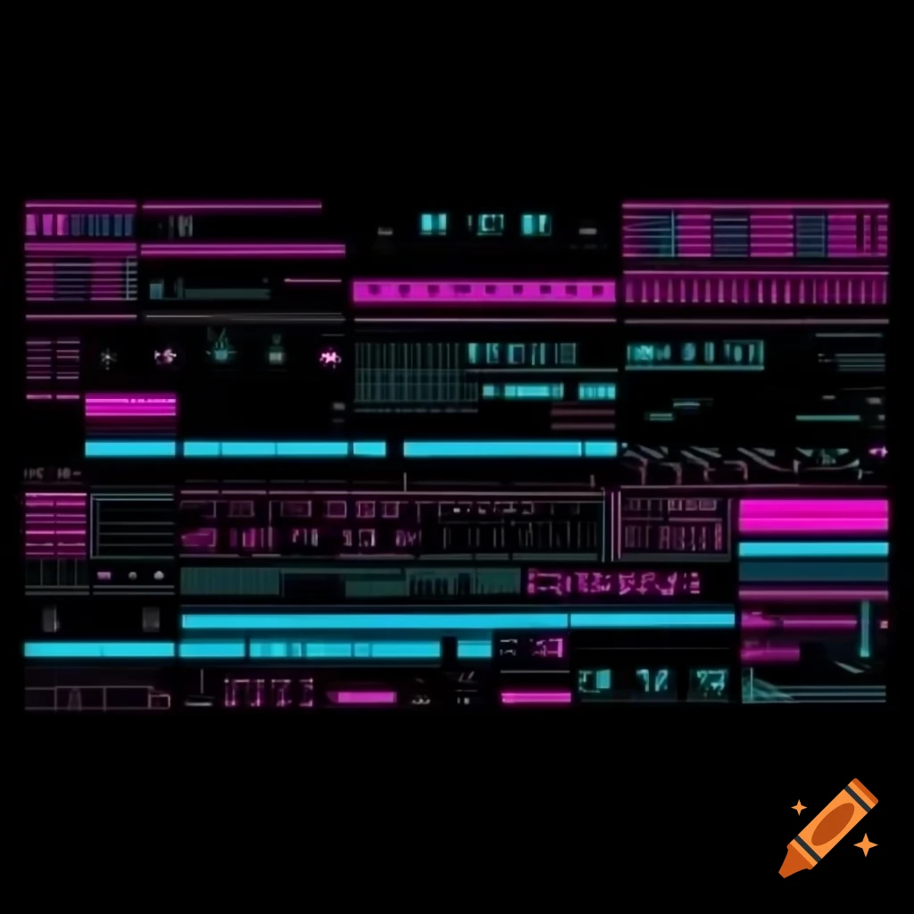 Synthwave-inspired user interface design featuring bold colors and geometric patterns