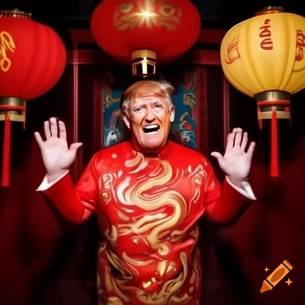 Donald Trump in red cheongsam with golden dragons, holding red lantern at Chinese New Year celebration