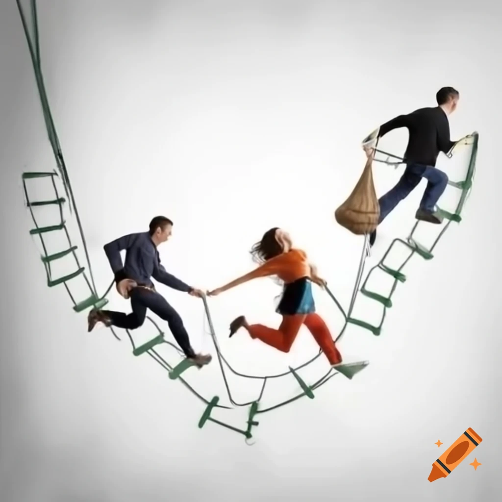 People climbing with a rope helping each other while holding a bag of money